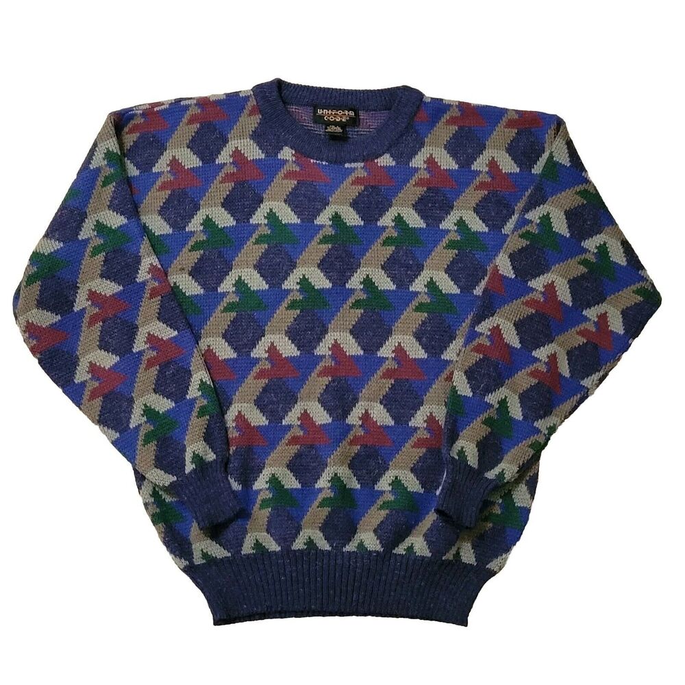 Vtg 90s Uniform Code Sweater Mens L Geometric Pattern Cosby Preppy Y2K D…